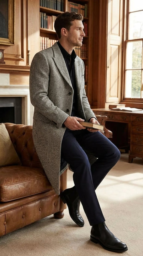 Alberto Nardoni men's grey herringbone overcoat. Tailored fit, straight silhouette, knee-length. Classic lapel, three buttons. Textured grey herringbone pattern, long sleeves, fully lined for structure.