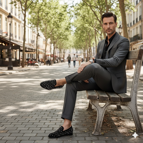 Black leather men's loafers with silver spikes. Sleek, slip-on design, low-cut, rounded toe, and flat sole. Suitable for formal occasions.
