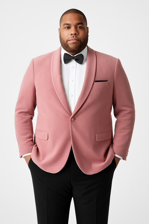 Men's slim fit pink velvet tuxedo jacket. Shawl lapel, smooth texture, single chest and two front flap pockets. Button detail on cuffs. Soft pink color. Perfect for a dinner event.