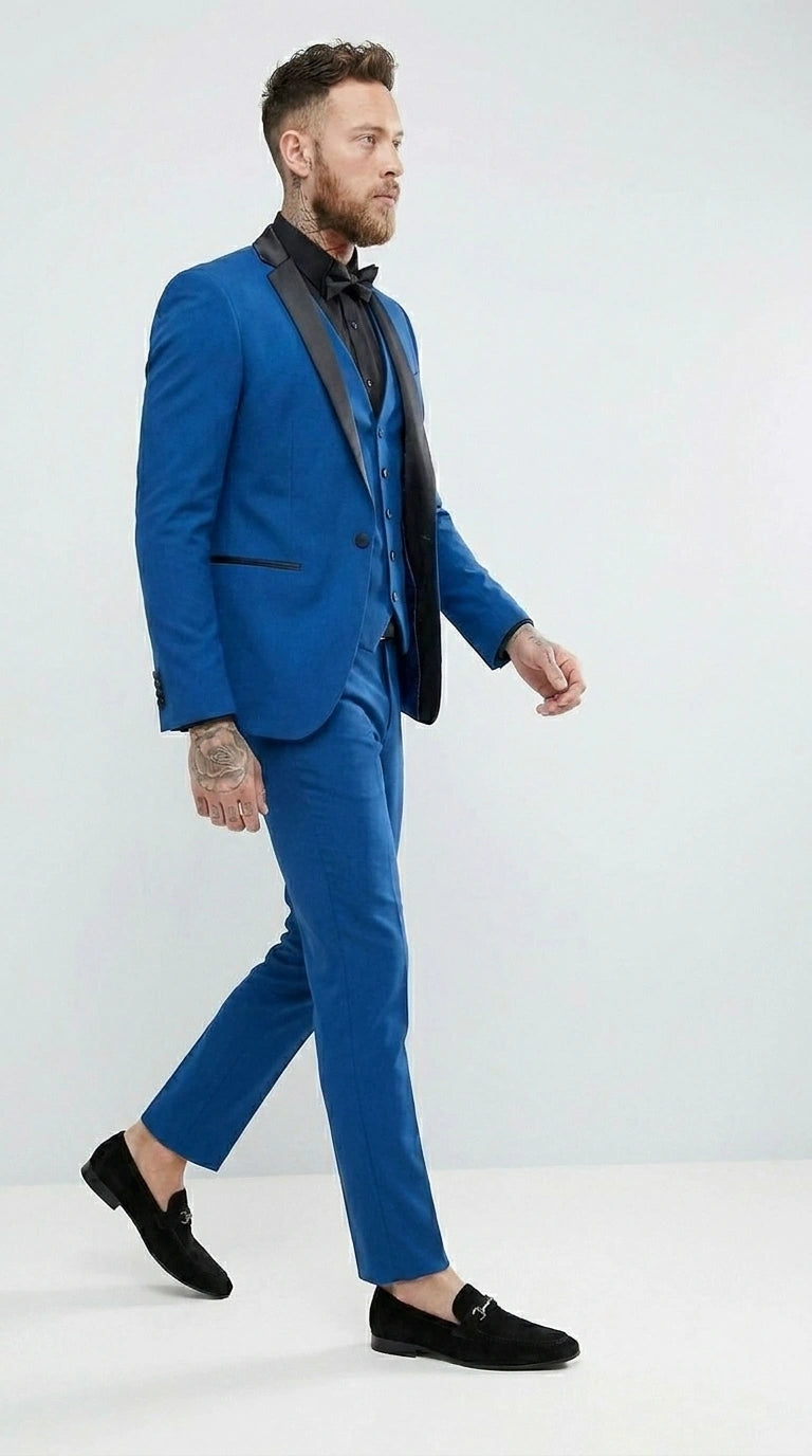 Men’s Royal Blue 3 Piece Suit with Black Lapel – Modern Formal Suit for Wedding, Prom and Party Wear