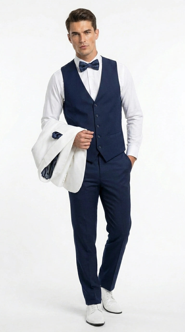 Men’s White and Navy blue tuxedo 3 Piece Suit – Classic White Blazer with Navy Vest and Pants for Wedding, Party + Bowtie