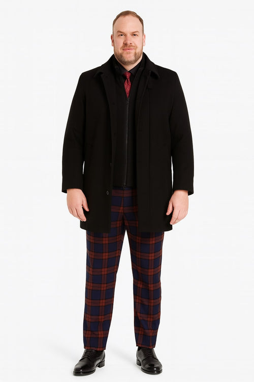 Black wool overcoat with a classic single-breasted design. Tailored fit, straight shape, long sleeves, and buttoned front. Solid black, no patterns.