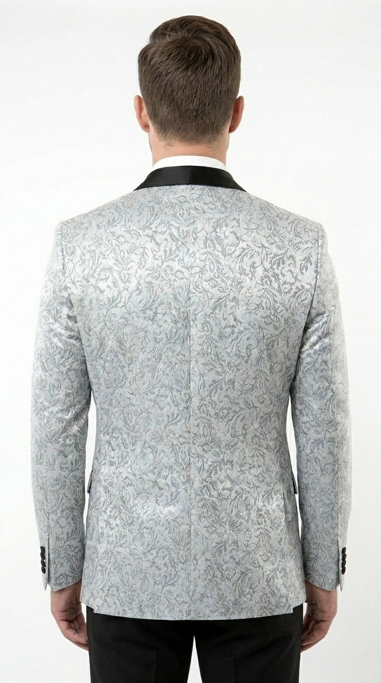 Men’s Silver and Black Floral Blazer – Elegant Formal Tuxedo Style Blazer Jacket for Wedding, Party, Prom and Evening Wear