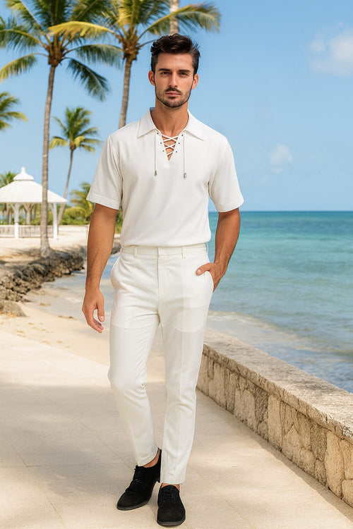 Men's white linen renaissance shirt. Short sleeves, collar, and lace-up front. Casual peasant style. Perfect for historical events or everyday wear.