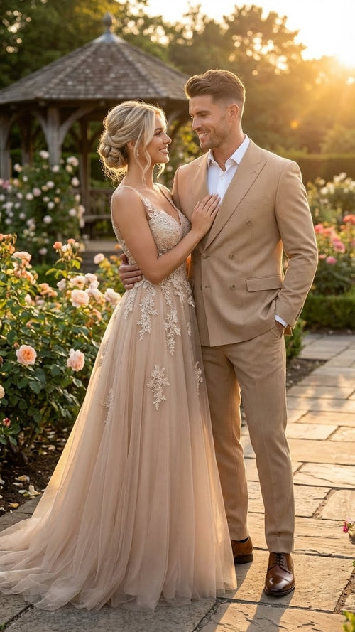 A beige double-breasted suit by Alberto Nardoni features a tailored fit with sharp lapels, two rows of buttons, and side pockets. The suit is made from a lightweight fabric, suitable for formal occasions.