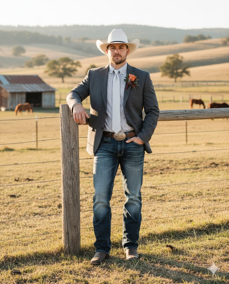Fitted gray western blazer with structured shoulders, single-button closure, and smooth fabric. Classic design.