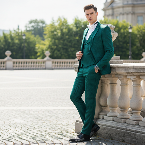 Alberto Nardoni men's 3-piece suit in emerald green. Tailored fit, textured fabric with subtle geometric pattern. Includes jacket (single-breasted, notch lapels), vest, and slim-fit trousers.