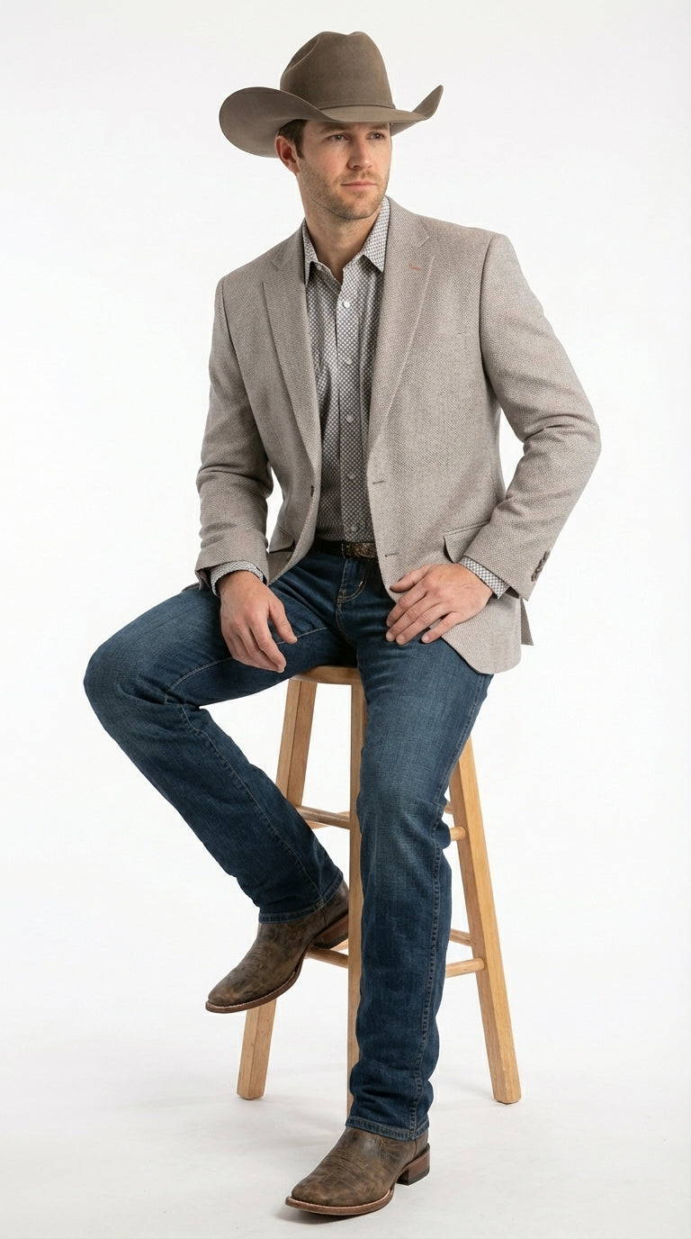 Mens Textured Light Grey Western Blazer – Cowboy Style Casual Sport Coat for Men Classic Western Jacket