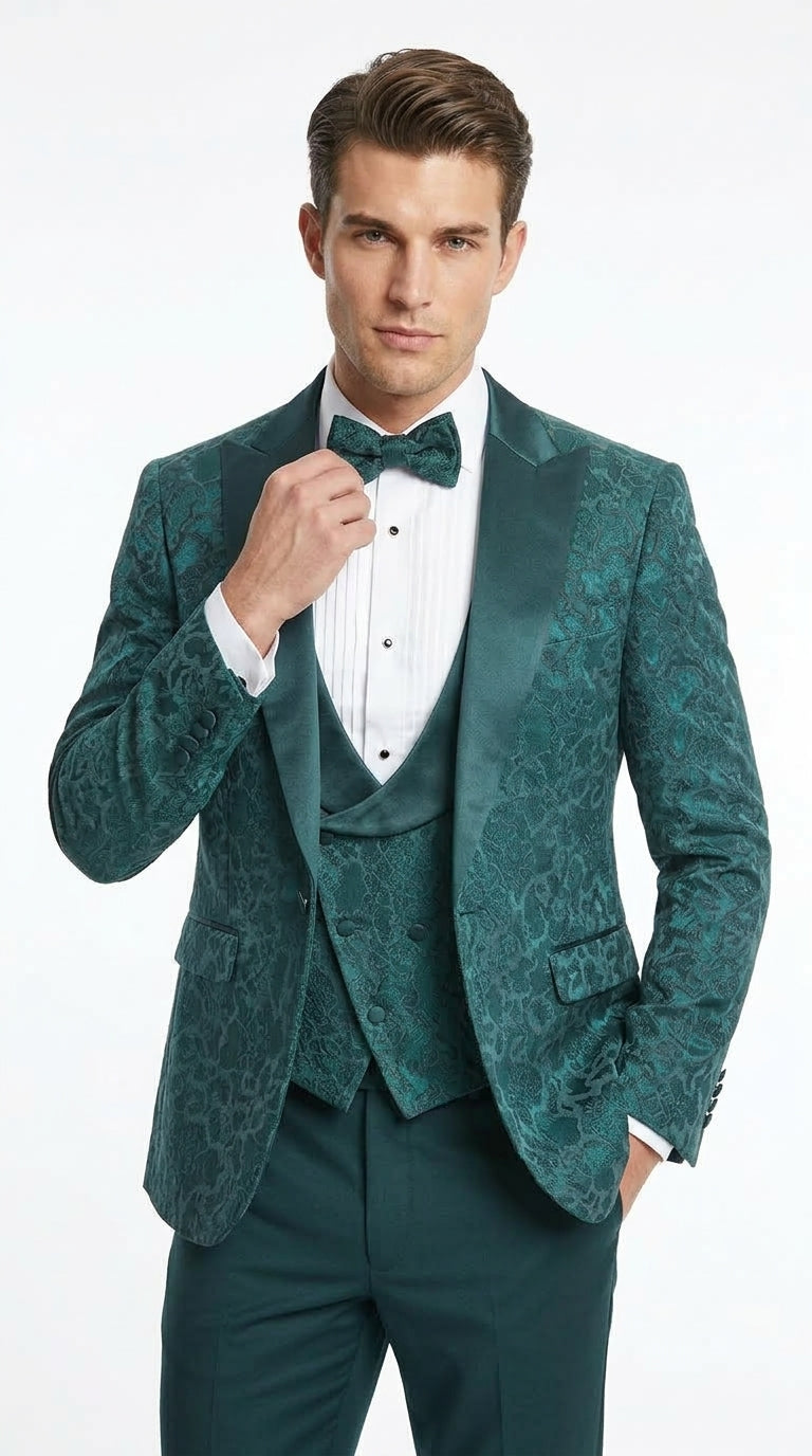 Men’s Hunter Green Paisley Tuxedo – 3 Piece Prom & Wedding Suit with Matching Bow Tie