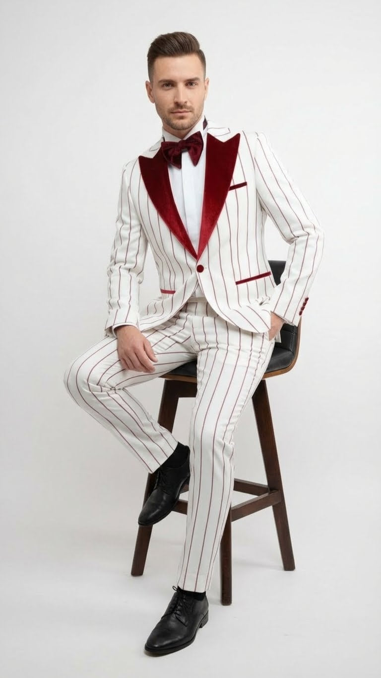 White tuxedo for men with dark red pinstripes. Velvet shawl lapel, matching pocket square, and buttons. Slim-fit trousers and black dress shoes complete the look.