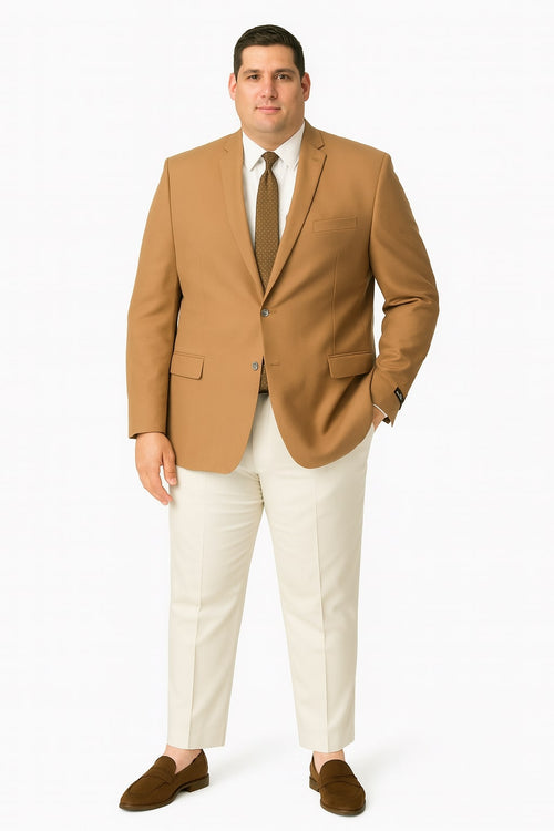 Men's camel brown sport coat. Two-button front, classic fit, and modern design. Features chest and flap pockets. Warm, rust-toned smooth material.