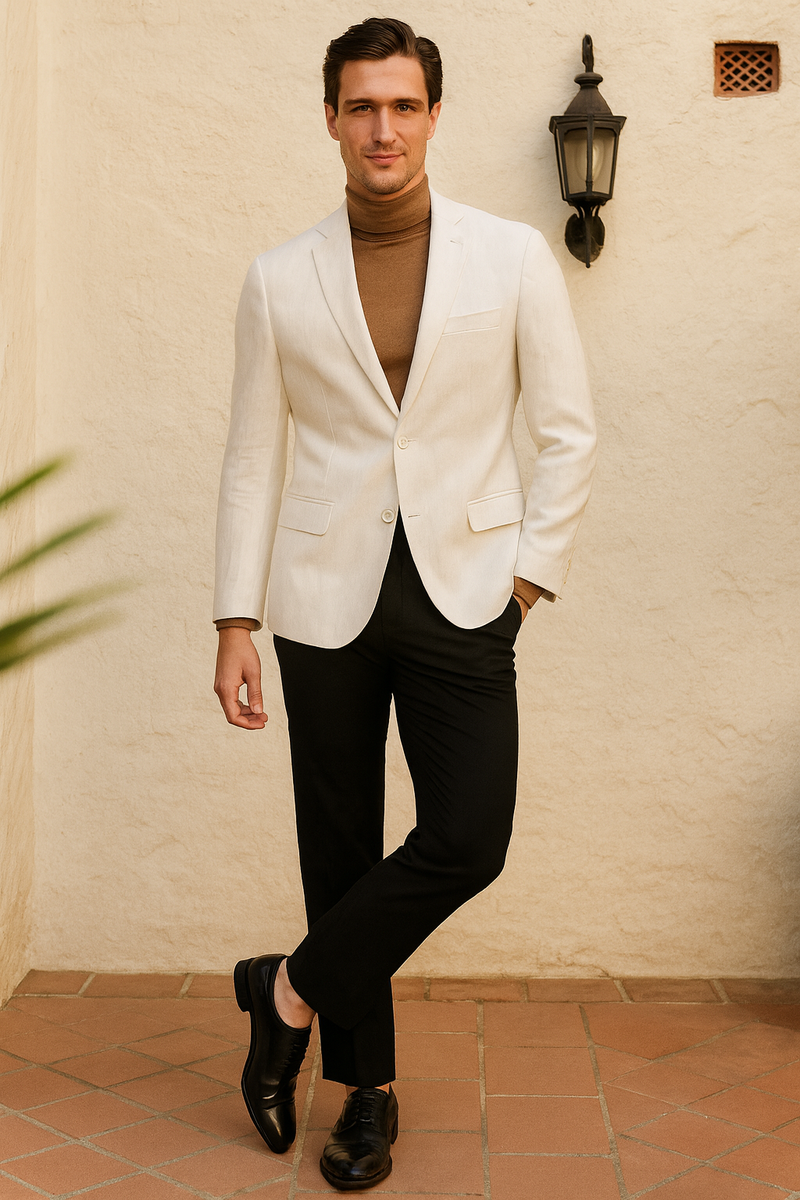 Men's white linen blazer. Classic two-button design, lightweight, with notched lapels. Subtle fabric texture. Perfect for warm weather.