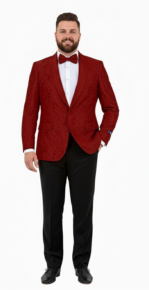 Big and tall men’s burgundy paisley tuxedo jacket features a textured burgundy fabric with a paisley pattern, black satin peak lapels, and two front pockets.