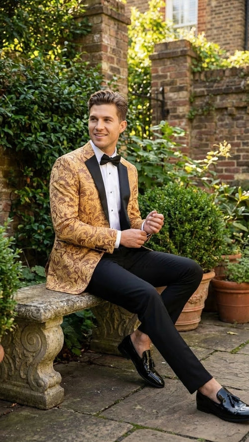 Yellow gold tuxedo blazer with baroque pattern, fitted silhouette, and black lapels. Paired with black trousers, shoes, and a bow tie for a classic look.