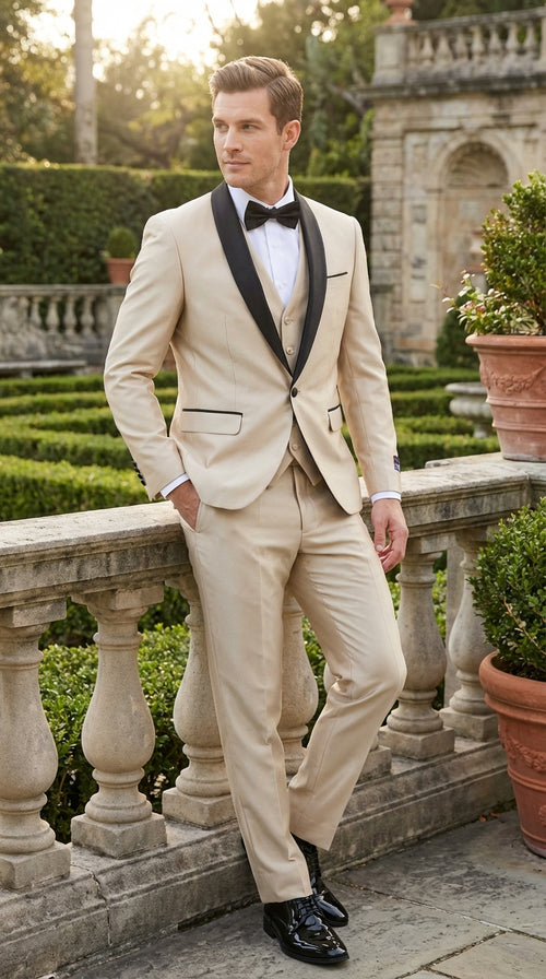 Men’s Champagne Beige Shiny Tuxedo 3 Piece Suit with Black Shawl Lapel | Formal Wedding Prom Suit Set in Sand Light Tan Color