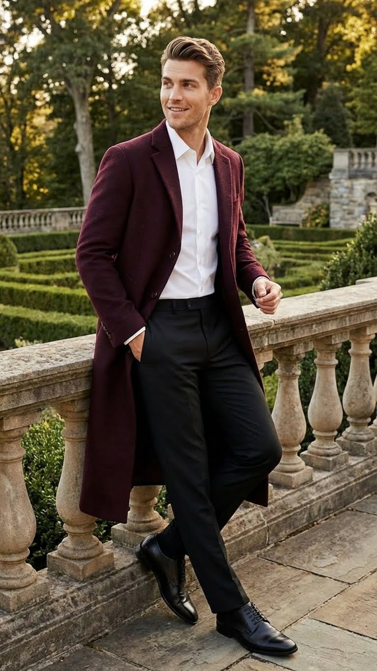 Men's burgundy long coat. Classic fit, wool blend. Single-breasted, two front buttons.