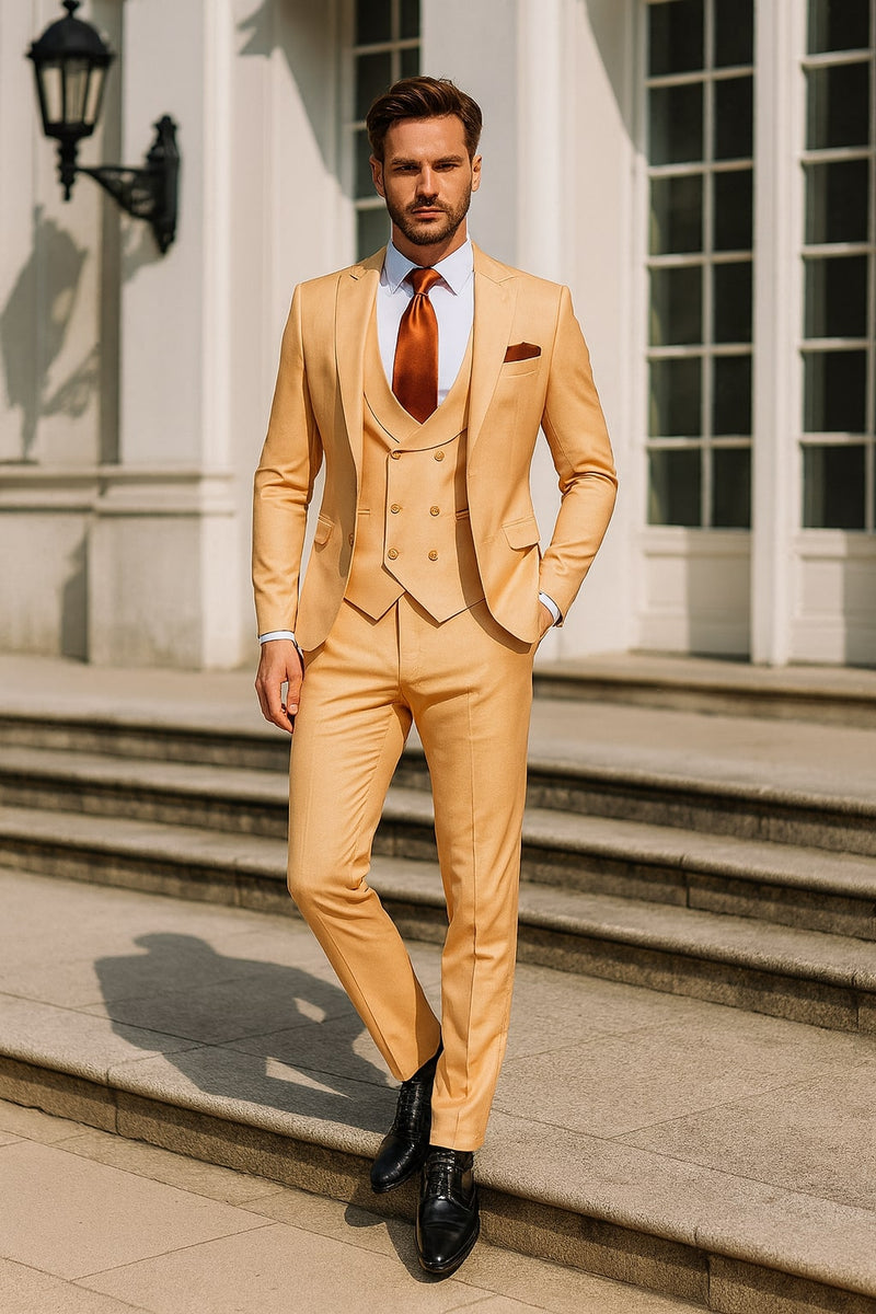 Men's peach three-piece suit: double-breasted vest, notch lapel blazer, and slim-fit pants. Smooth, solid peach material. Structured blazer, tapered trousers. Deep peach vest complements the look.