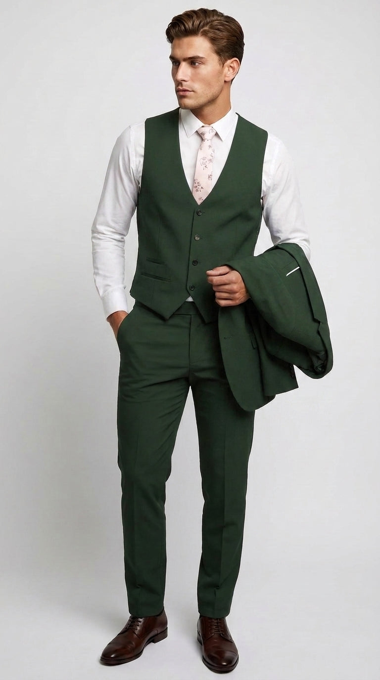 Men’s Forest Green 3 Piece Wedding Suit, Formal Groom Groomsmen Dress Suit Set