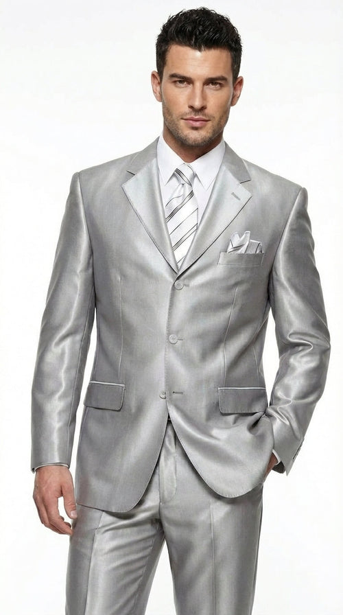 Men’s Silver Grey Sharkskin Suit – 3 Button Classic Fit Shiny Formal Suit for Wedding, Business and Party Wear