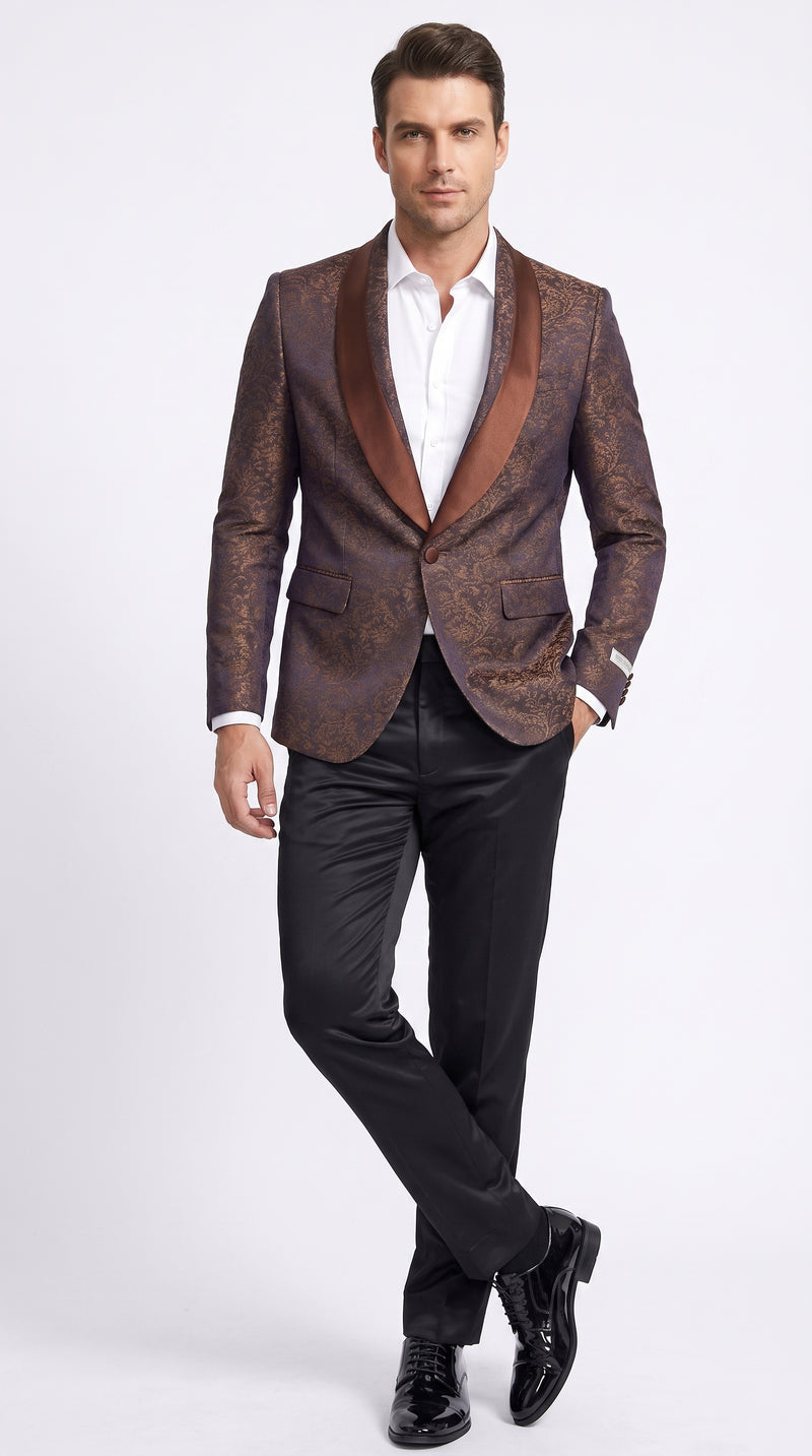 Men’s Light Brown Paisley Tuxedo Jacket, Wedding Prom Dinner Blazer with Satin Shawl Lapel