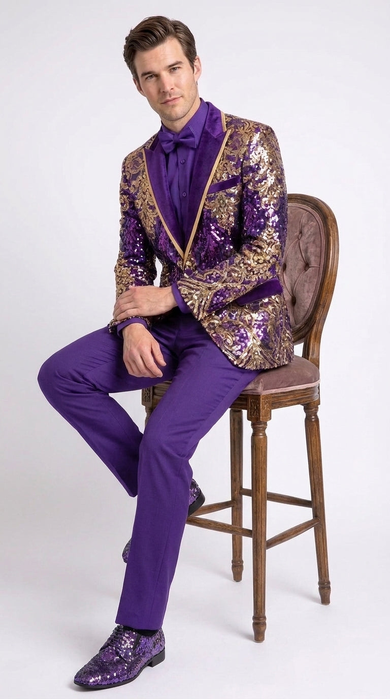 Men’s Purple and Gold Sequin Suit with Pants – Luxury Prom, Wedding and Party Blazer