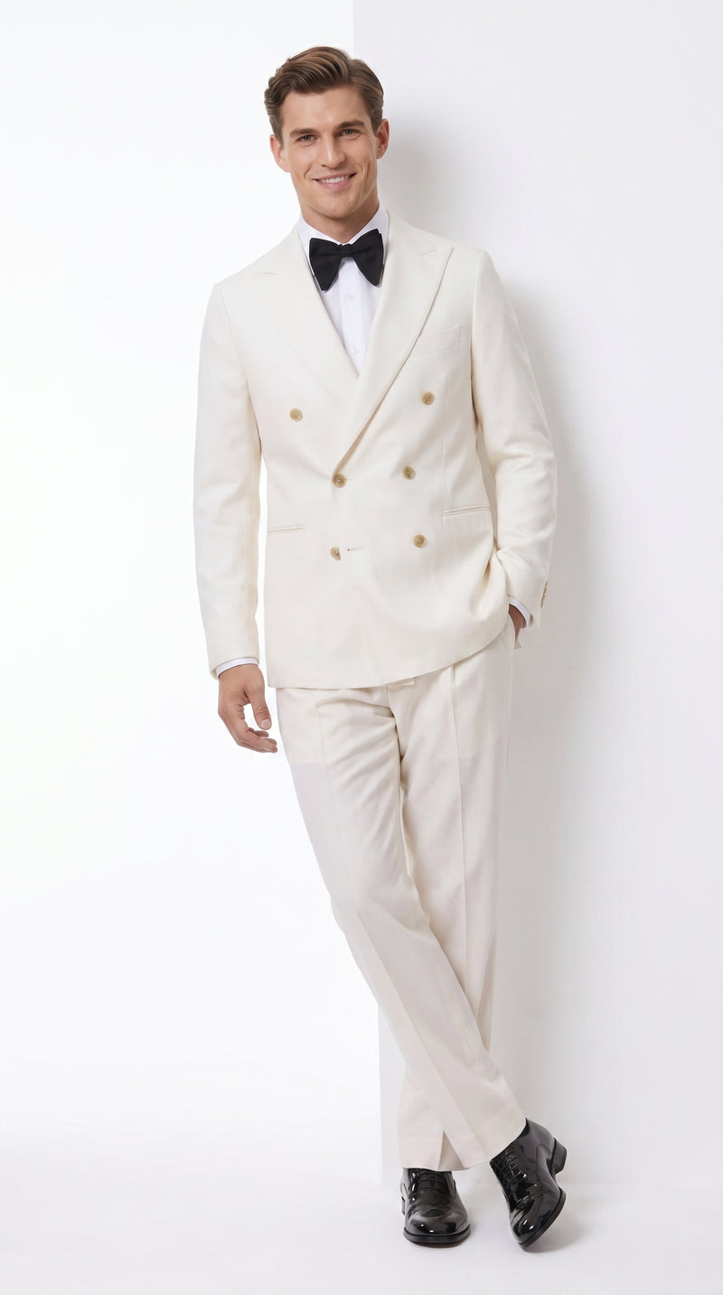 Men’s Ivory Double-Breasted Tuxedo – Gold Button Wedding, Prom and Formal Suit