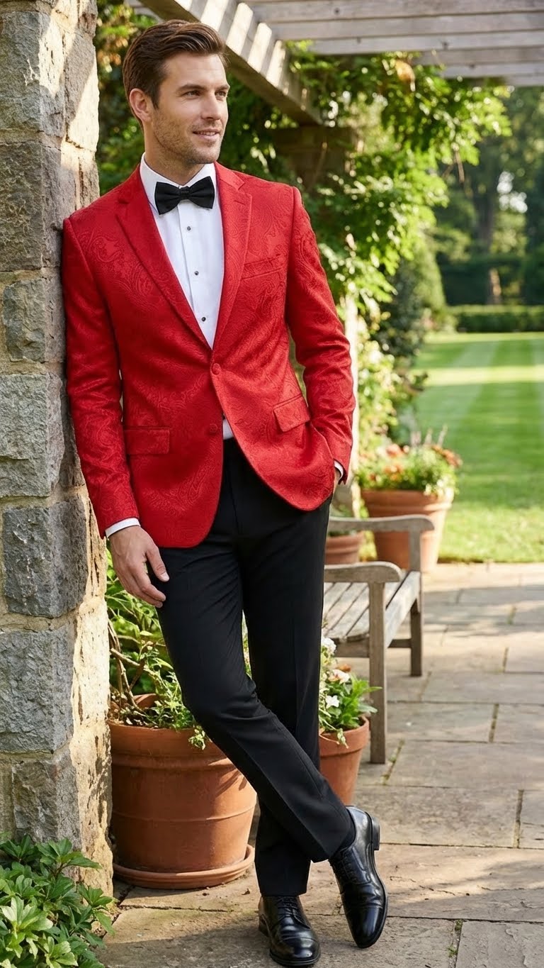 Red paisley velvet blazer, slim fit, single-button, two pockets. Features a textured pattern. Worn with a black bow tie and white dress shirt.