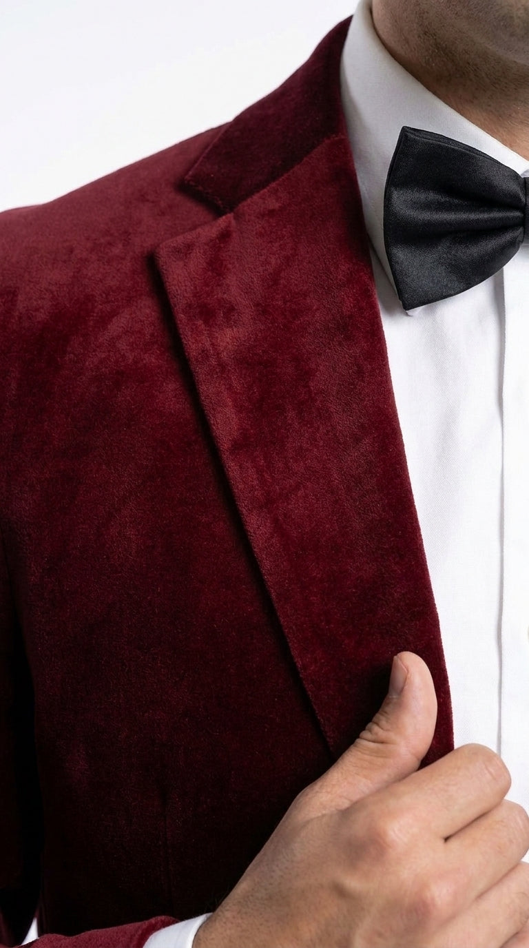 Men’s Gomez Addams Inspired Costume, Burgundy Velvet Blazer with Black Pants Formal Party Outfit Combo