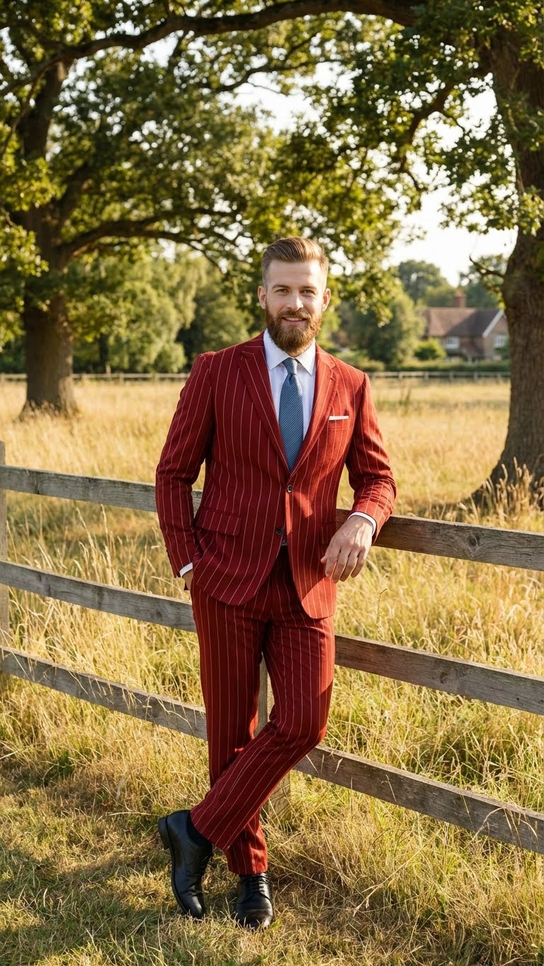 Red pinstripe men's suit: two-button jacket, vested trousers. Textured fabric with vertical stripes. Jacket: chest pocket, fitted. Pants: straight-legged, matching pattern.