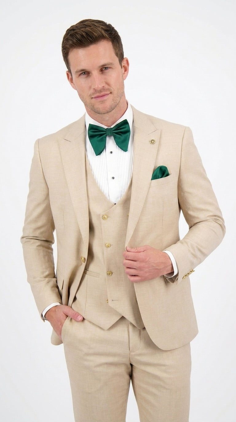 Men’s Khaki Tan 3-Piece Groomsmen Suit – Wedding Suit with Double-Breasted Vest and Pants Great Gatsby Style Gold buttons