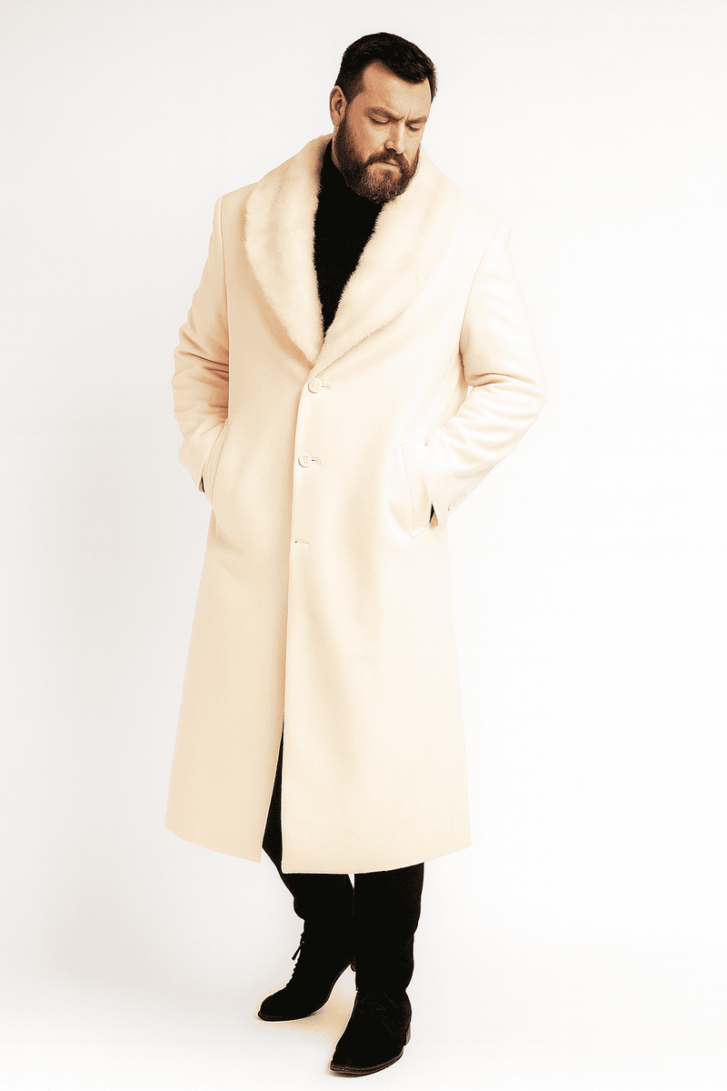 Men's ivory cream overcoat with faux fur shawl collar. Full-length, straight cut with three buttons and two side pockets. Luxurious and stylish.