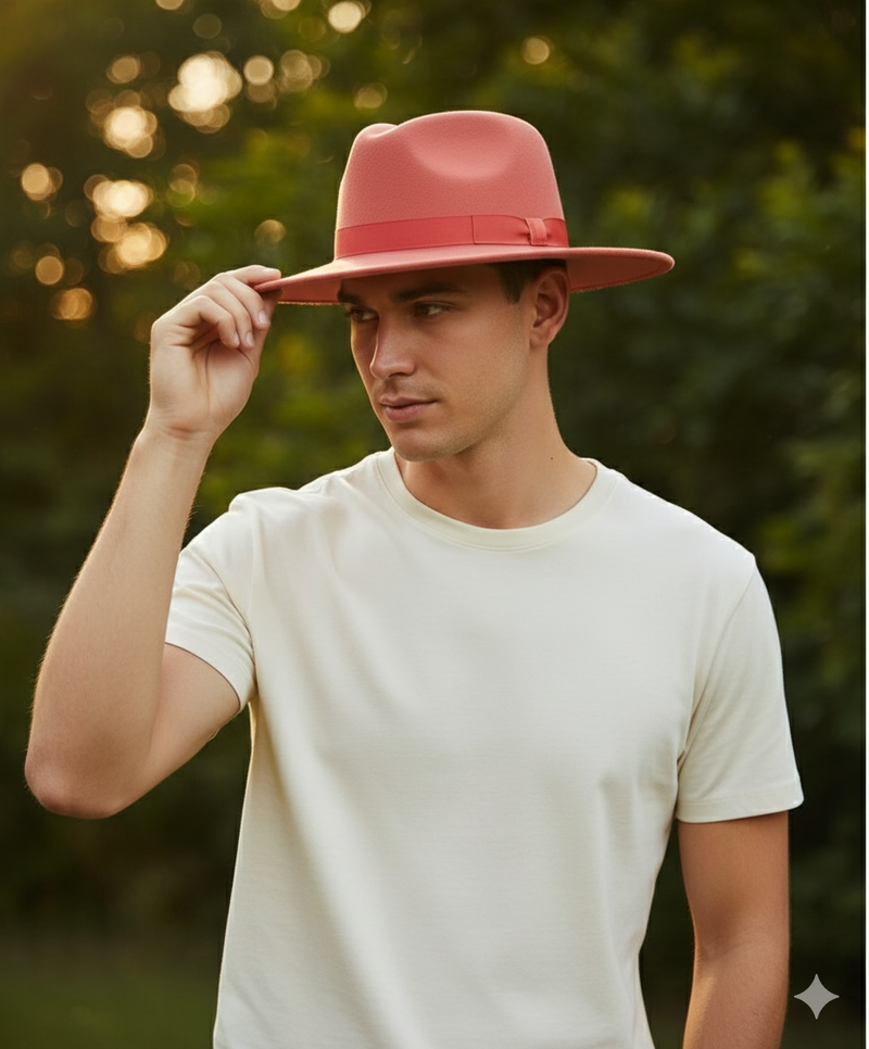 Men's coral pink wool felt fedora with a wide brim, smooth crown, and red ribbon band. Stylish and practical.