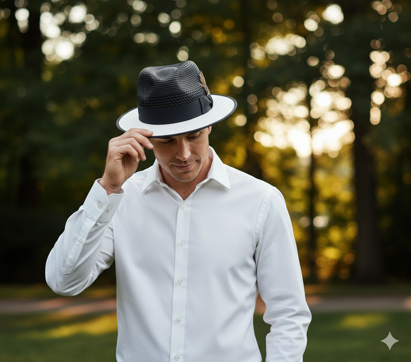 Menâs Two-Tone Black and White Fedora Hat with Feather Accent â Stylish Summer Dress Hat