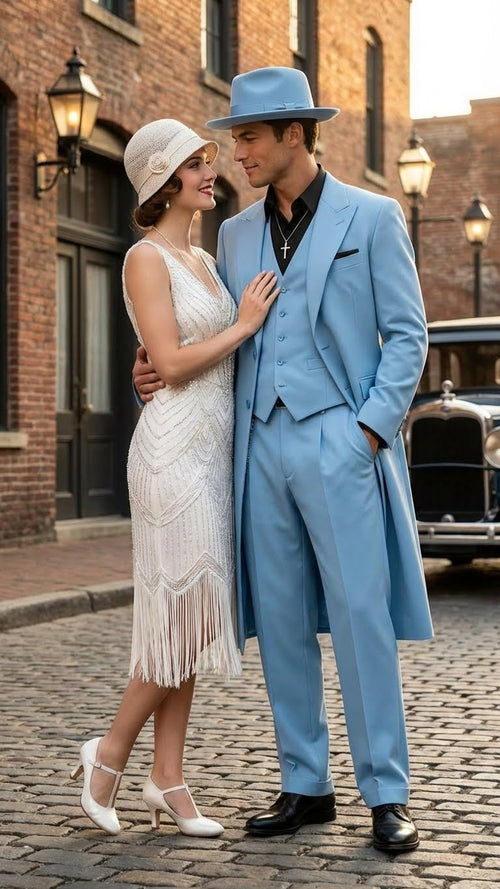 Alberto Nardoni men's light blue zoot suit. Tailored jacket, wide lapels, smooth fabric. Includes vest and high-waisted, relaxed-fit trousers. Structured design.