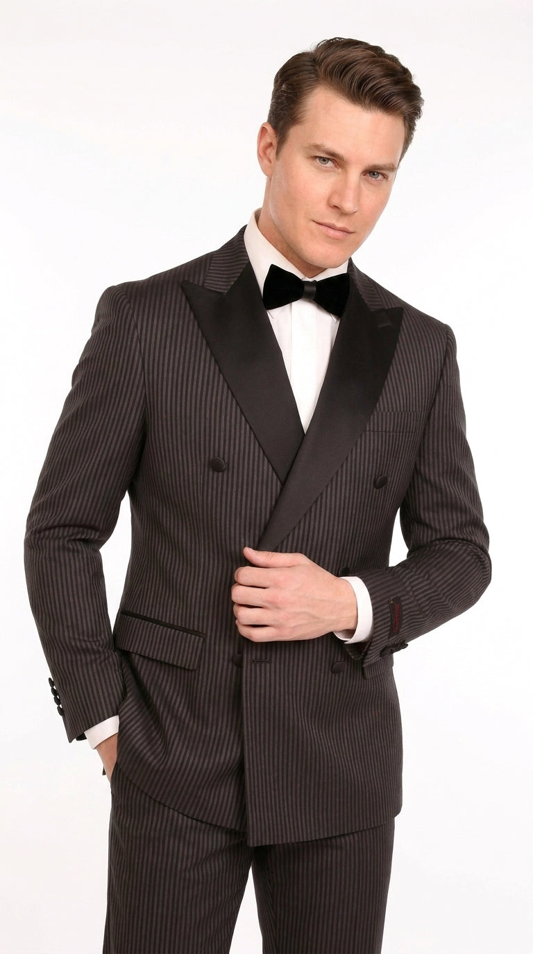 Men’s Black Shadow Pinstripe Double-Breasted Tuxedo Tone on Tone Formal Wedding Suit Modern Fit 1920s Style