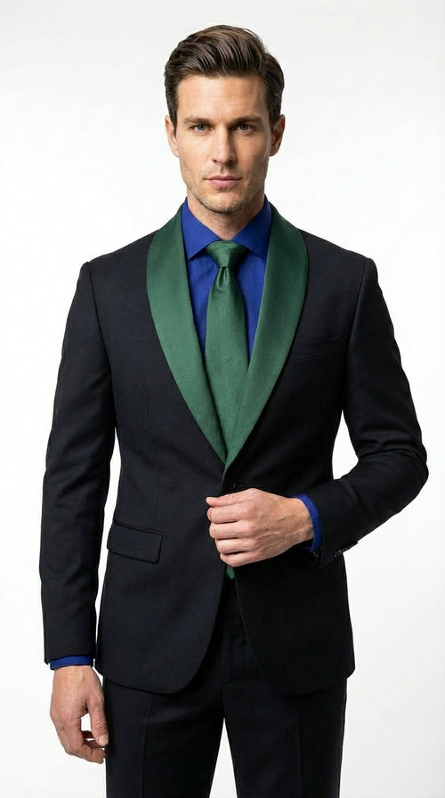 Men’s Black Suit with Hunter Green Shawl Lapel – Black and Hunter Green Formal Tuxedo Suit for Wedding, Prom With Bow Tie