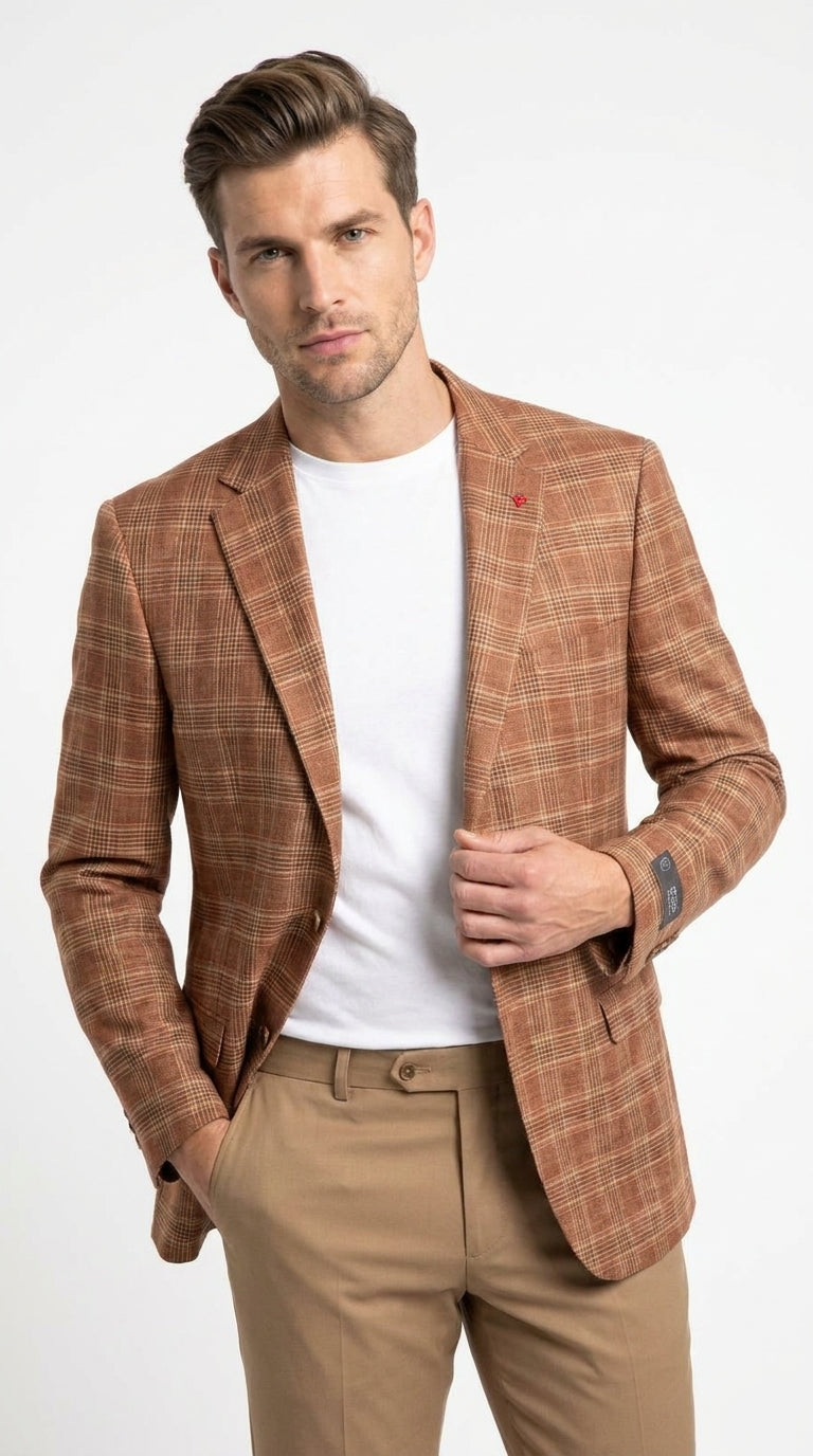 Vitali Men’s Rust Copper Brown Plaid Blazer with Tan Pants – Classic Windowpane, Business and Smart-Casual Birck color Suit