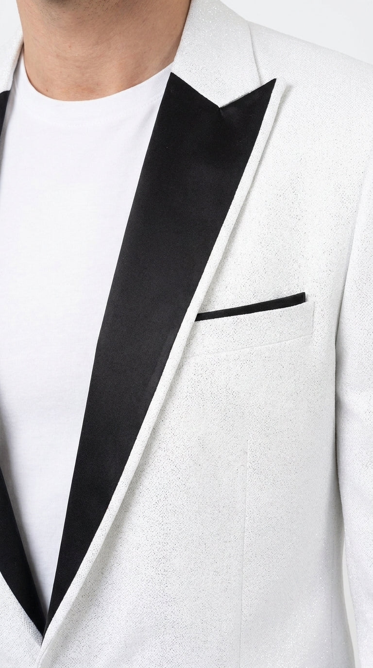 Men's White Sparkle Dinner Jacket – Black Satin Shawl Lapel Tuxedo Blazer Slim Fit Sequin Shiny Prom Jacket