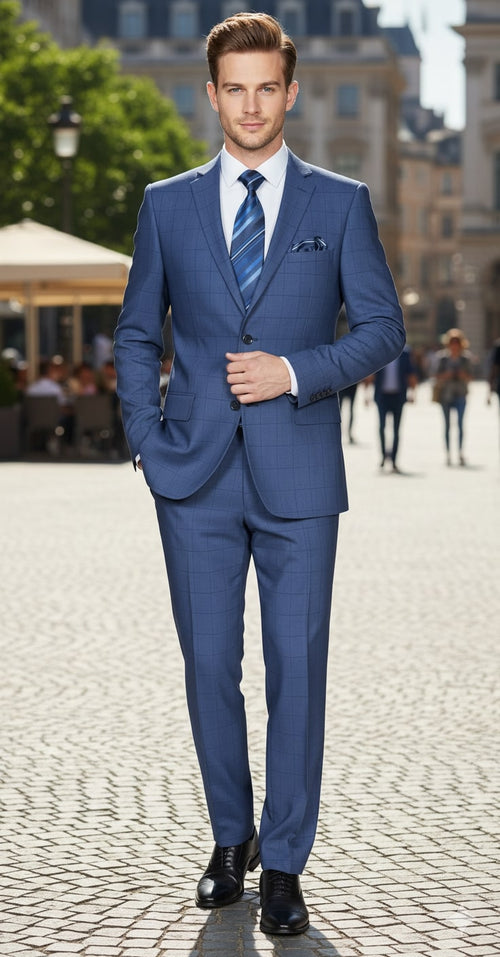 Men's cobalt blue two-piece suit with windowpane check. Classic design, structured jacket (single-breasted, 2 pockets) and tailored, form-fitting pants. Smooth fabric, perfect for formal events.