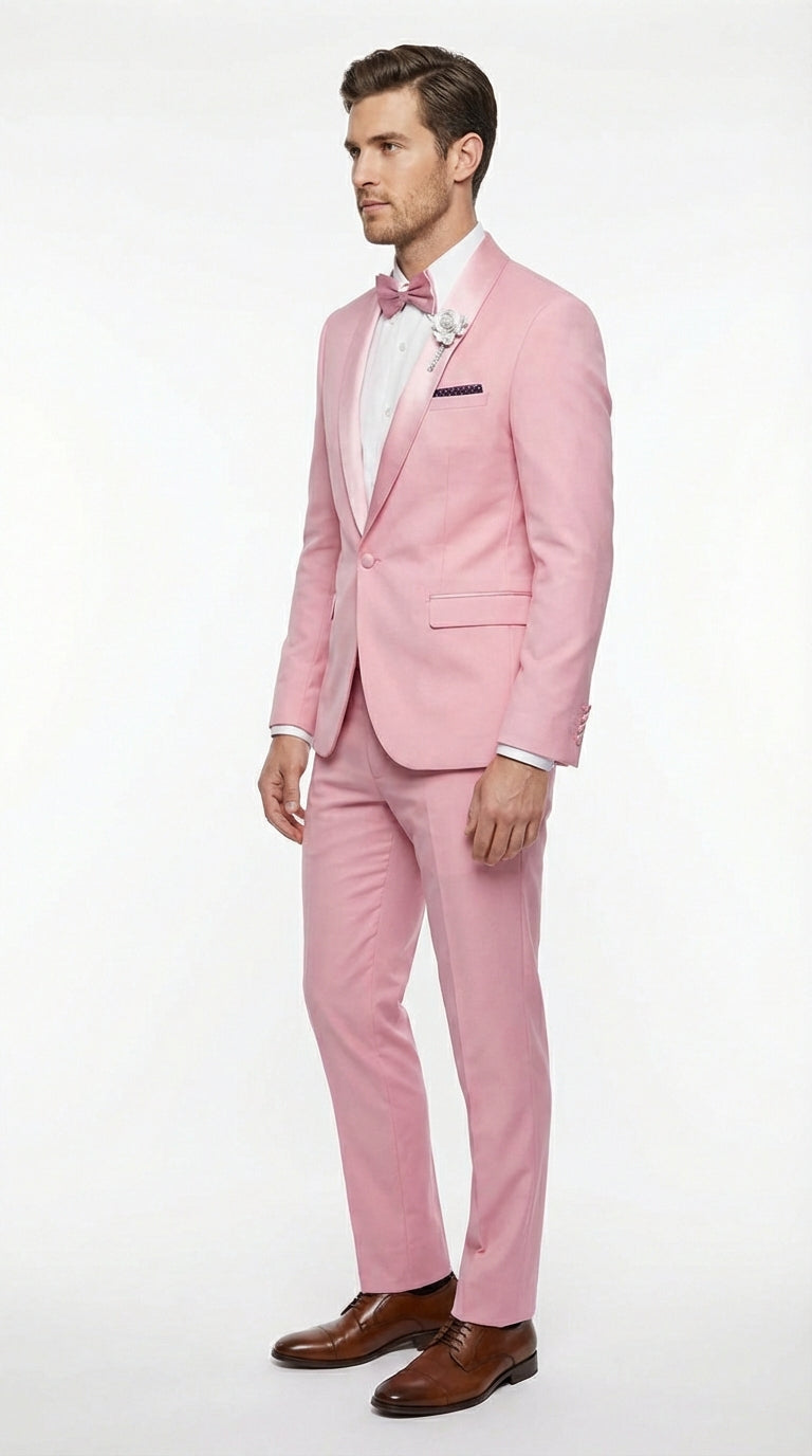 Mens Dusty Rose Pink Summer Tuxedo – Satin Shawl Lapel Formal Wedding Prom Suit
