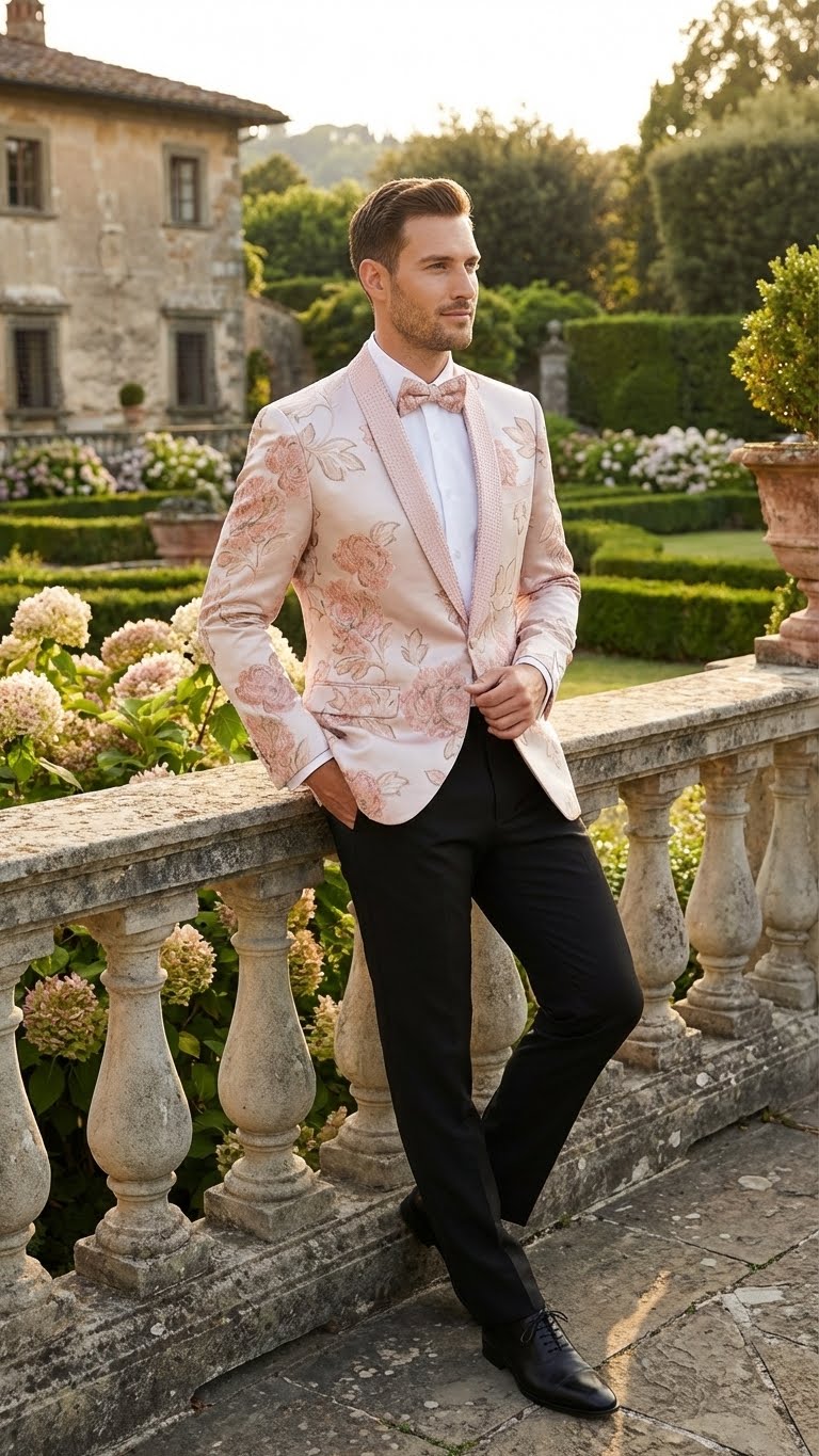 Men's pink floral jacquard blazer. Light pink background with pink floral pattern. Embellished shawl lapel. Crafted from jacquard fabric.
