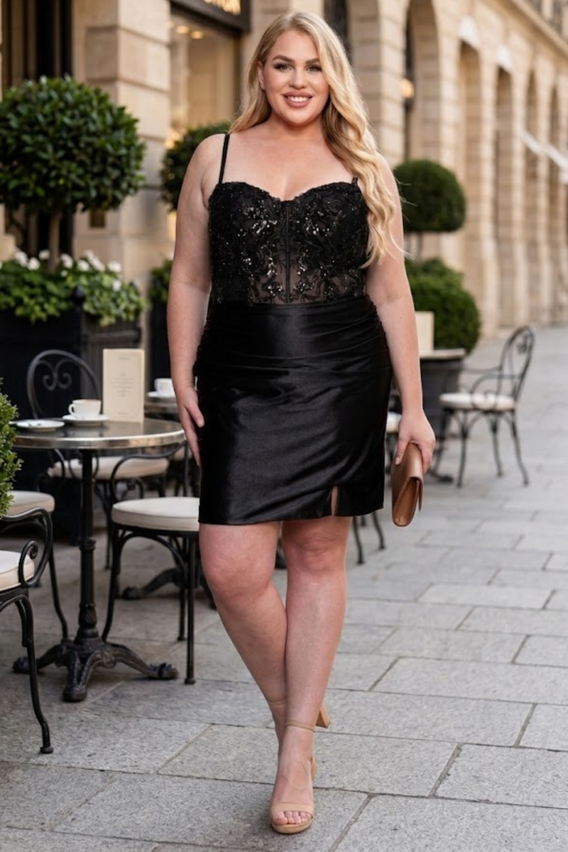 Poly USA W1178 Plus Size Short Beaded Satin Hoco Dress with Slit