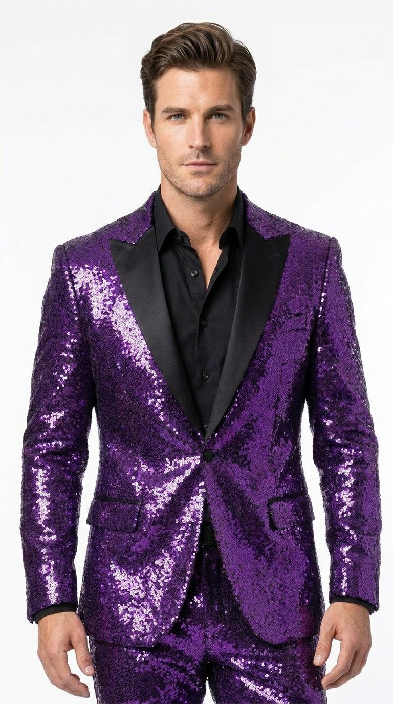 Men’s Purple Glitter Tuxedo Suit with Black Lapel, Party Stage Performance Formal Suit
