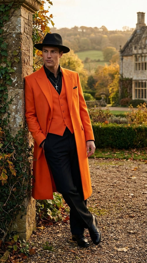 Men's Halloween costume: Orange long zoot suit with black shirt and pants. Fitted shape, smooth fabric, and matching orange vest.