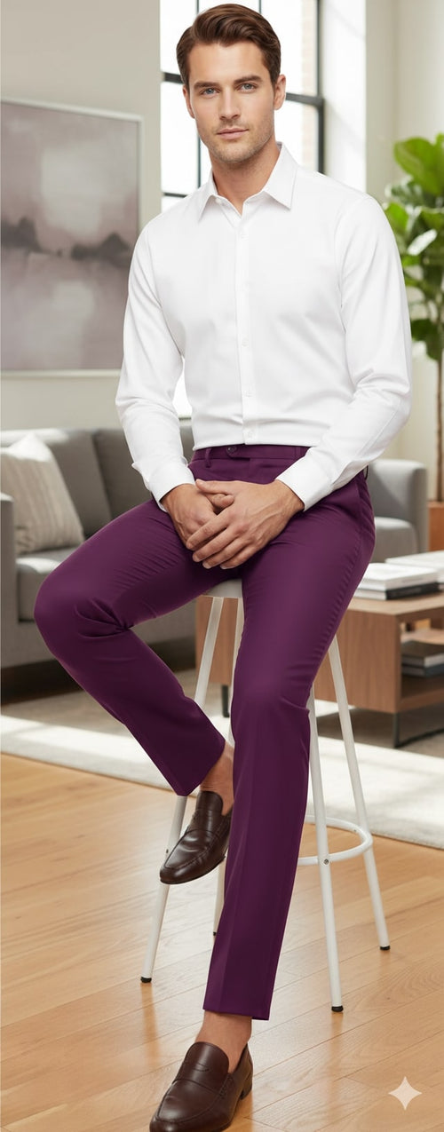 Light purple men's slim-fit dress pants. Tailored, smooth material with sheen. Straight leg, sits at waist. Clean lines, no pattern. Formal look, styled with white shirt and loafers.