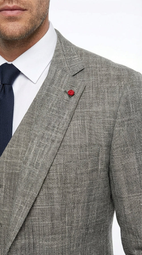 Vitali Brand Men’s Grey Textured Patterned 3 Piece Suit – Modern Fit Checkered Sharkskin with Blazer, Vest & Trousers, Business Wedding