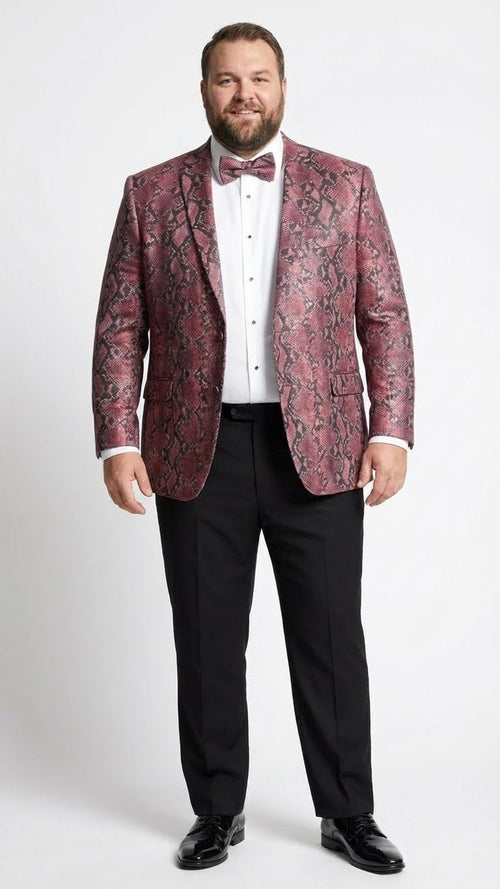 Burgundy & black snakeskin print men's blazer. Structured fit, long sleeves, double-button closure. Features layered snakeskin pattern, two front pockets. Paired with black trousers.