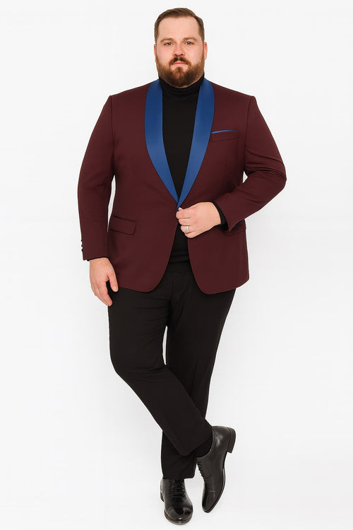 Burgundy men's tuxedo jacket with blue satin shawl collar. Single-button closure, side pockets, and a tailored, smooth fit. Perfect for dinner events.