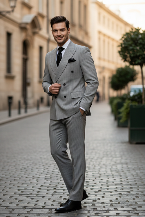 Men's grey/black pinstripe double-breasted suit. Structured blazer with slim lapels and two rows of buttons. Tapered trousers. Smooth, subtly sheened fabric.