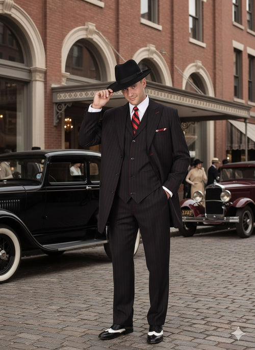 Black and red pinstripe zoot suit for men. Includes jacket with peaked lapels, vest, and loose trousers. Features tailored jacket, fitted vest, and straight-leg trousers. Worn with a white shirt and red-striped tie.